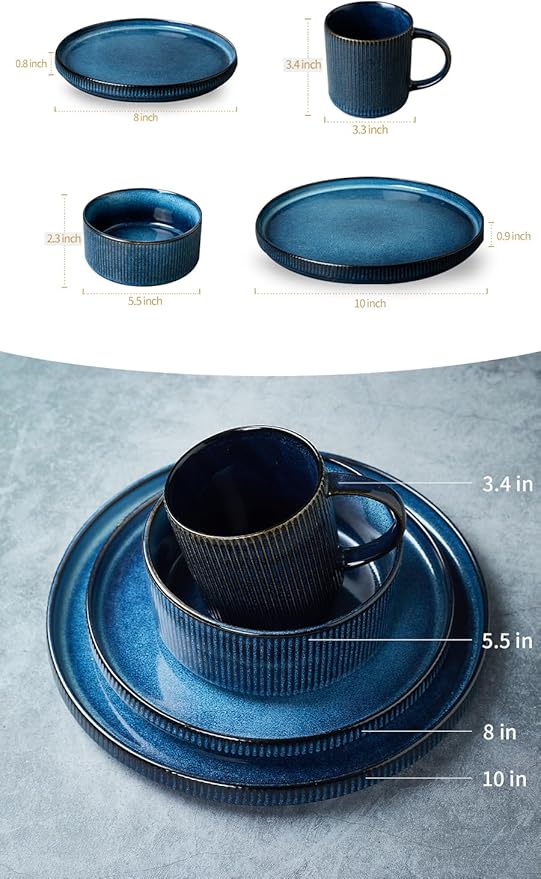 Famiware Star Dinnerware Set with Plates Bowls and Mugs Service for 4 (16-Piece) Stoneware Kitchen Dishes Dinner Plates - Nebulas Blue