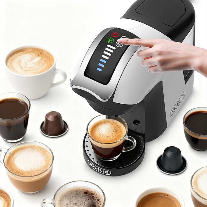 KOTLIE EM-308B Espresso Machine Single Serve Coffee Maker Compatible with Multiple Capsule Types Ground Coffee and ESE Pods 3 Temperatures 7 Water Volume Levels 34 Oz（White）