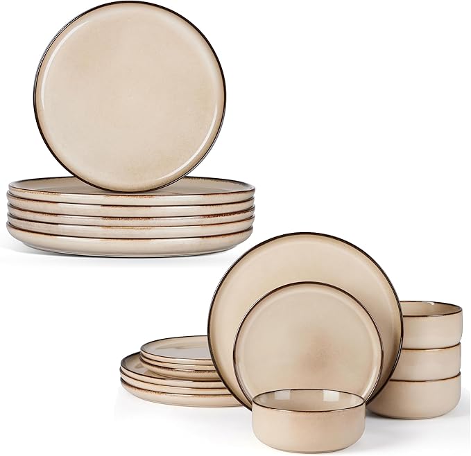 E-far 12-Piece Plates and Bowls Set and 8” Ceramic Salad Plates Set of 6 Budnle Stoneware Dinnerware Sets for 4 Round Dessert Plate for Home Kitchen Restaurant Microwave &amp Dishwasher Safe