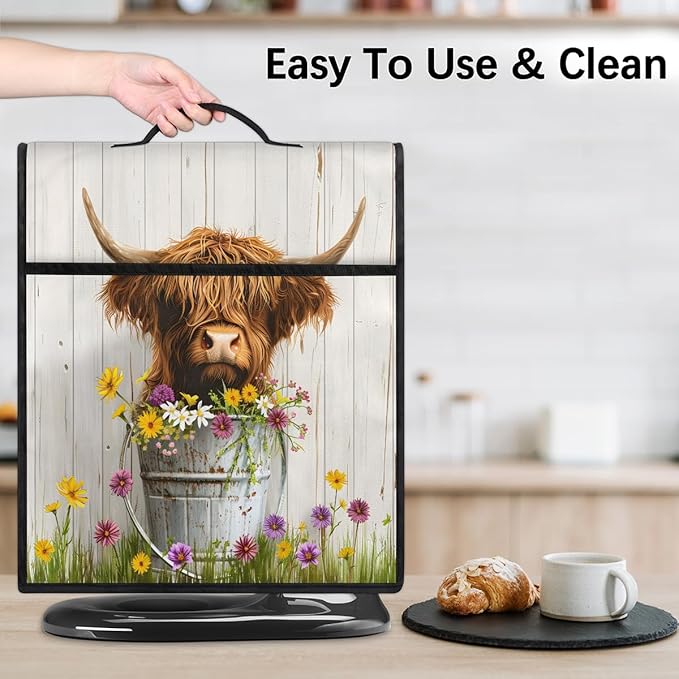 Kitchen Aid Mixer Cover Flower Cute Cow Highland Stand Mixer Cover Compatible with 6-8 Quarts Stand Mixers Dust Covers with Zipper Pocket Foldable Washable Kitchen Aid Organizer Bag