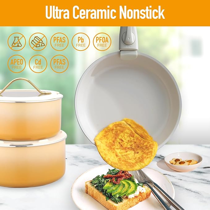 20pcs Ceramic Cookware Set Nonstick Detachable Handle Pots and Pans Set Non ToxicNo PFAS &amp PTFE &amp PFOA Dishwasher/Oven Safe RV Kitchen Set Removable Handle for Cooking Yellow