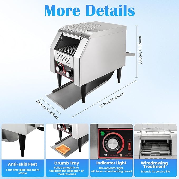 150/450 Slices/Hour Commercial Conveyor Toaster Stainless Steel Heavy Duty Industrial Bread Baking Machine w/ 3 Ring Heating Tubes for Baking Sliced Bread Toast (1300W(TT-150))