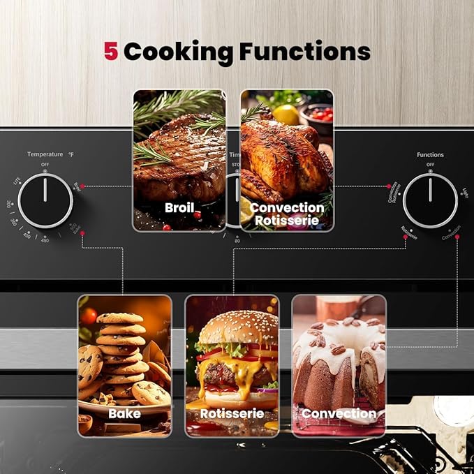GASLAND 24 in Gas Wall Oven ETL Certified Built-in Single Wall Oven Natural Gas Wall Oven with Bake Broil Rotisserie Functions Timer and Convection Fan 120V Cord Plug Black