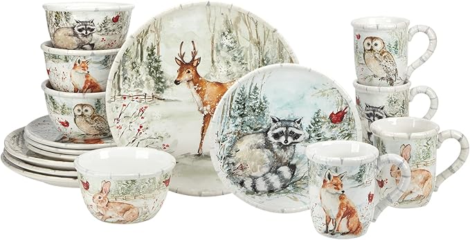 Winter’s Walk 16-Piece Ceramic Dinnerware Set Service for 4 – Bring woodland charm to your table with foxes owls and deer in a serene snowy forest design perfect for cozy winter gatherings