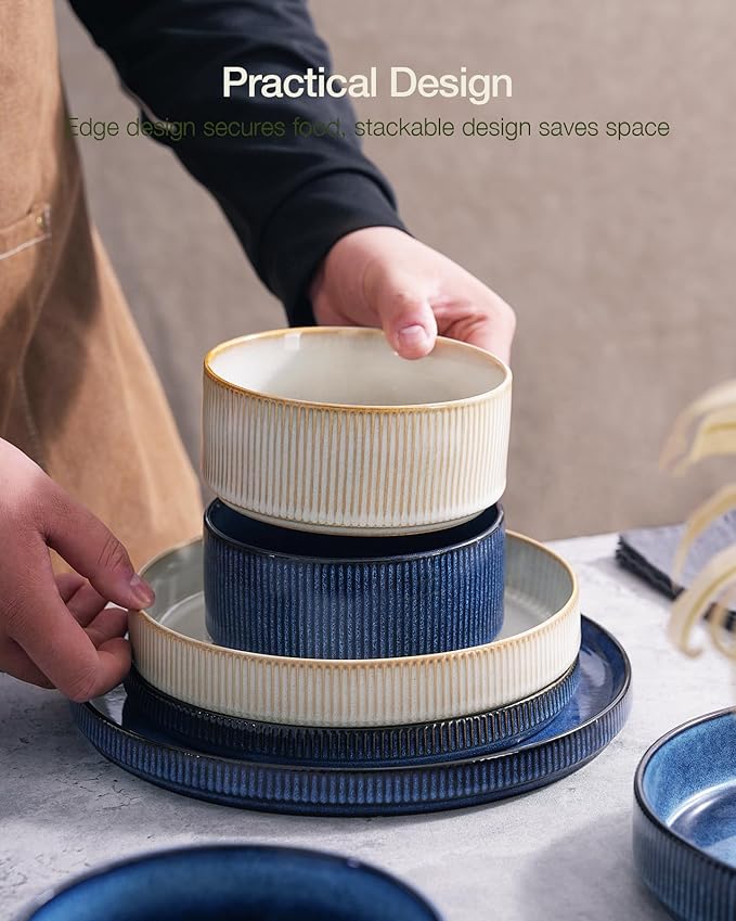Famiware Star Dinnerware Set Plates and Bowls Sets for 4 (12pcs) Ribbed Stoneware Dishes - Chip &amp Scratch Resistant Microwave &amp Dishwasher Safe Multicolor - Cappuccino White &amp Nebulas