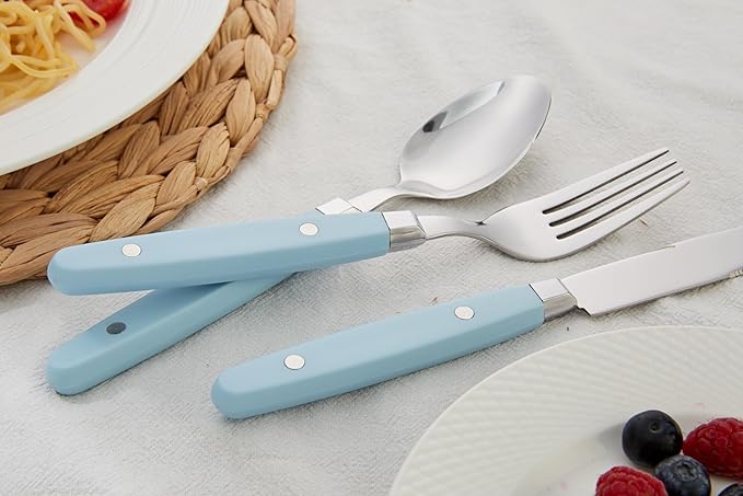 ANNOVA Silverware Set Retro/Rivet Colorful Stainless Steel Tableware Kitchen Flatware Set Utensils Includes Dinner Knives Forks Spoons Salad Forks &amp Dessert Spoons (Sky Blue 20 Pieces)