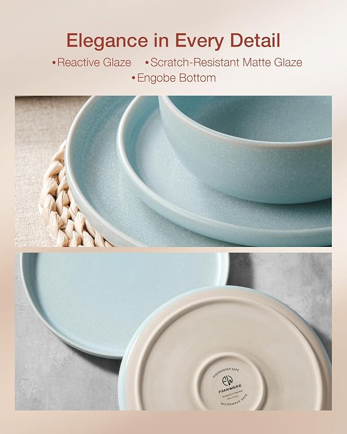 Famiware Milkyway Plates and Bowls Sets 12 Pieces Dinnerware Sets Reactive Glaze Dish Set Stoneware Dishes Set for 4 Light Blue