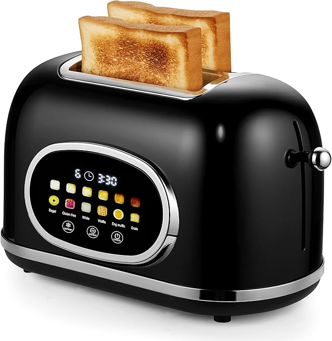 Roter Mond 2 Slice Toaster Smart Touch Screen Retro Stainless Steel Bread Toaster with Digital Timer Sleep Mode Bagel Cancel and Defrost Functions 6 Bread Types and Shade Settings Black