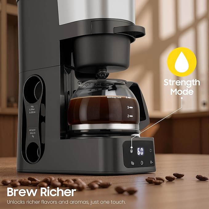 Grind and Brew Coffee MakerDrip Coffee Maker with Grinder Built In5-Cup Programmable Coffee Machine with Brew StrengthWarming Plate and Multiple Grind Levels for Home &amp Office