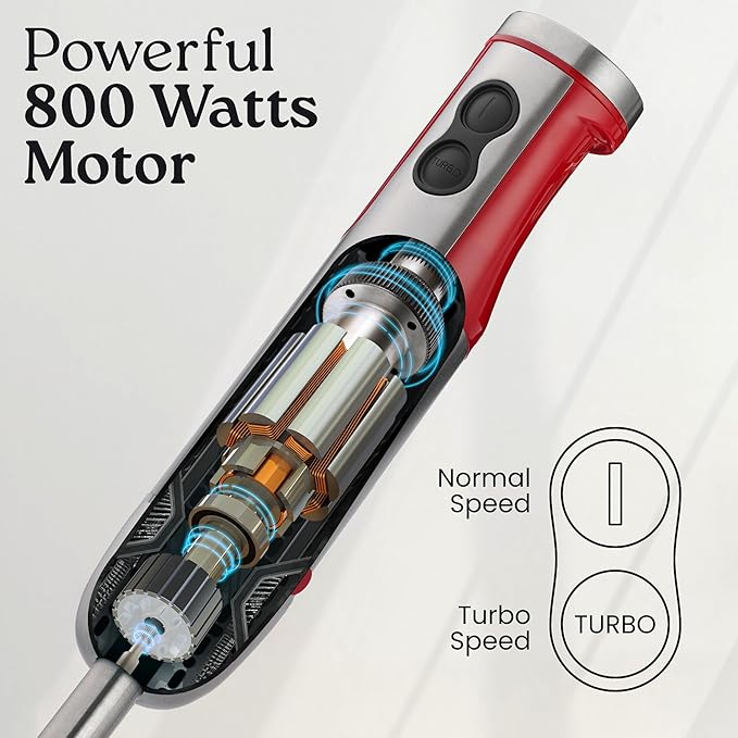 Zulay 4-in-1 Immersion Stick Mixer Hand Blender - 800 Watts 12 Speeds 5-ft Power Electric Cord Handheld Portable Stainless Steel Blades - With Whisk Frother &amp Stick Blender Attachments - Red