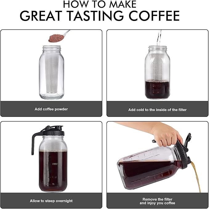 WOODRIVER Cold Brew Mason Jar iced Coffee Maker Durable Glass Heavy Duty Stainless Steel Filter Flip Cap Lid - 64 oz With Handle