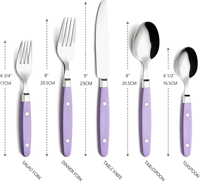 ANNOVA Silverware Set Retro/Rivet Colorful Stainless Steel Tableware Kitchen Flatware Set Utensils Includes Dinner Knives Forks Spoons Salad Forks &amp Dessert Spoons (Lilac 20 Pieces)
