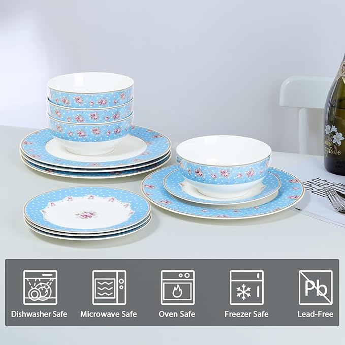 fanquare 12 Piece Dinnerware Set Service for 4 Blue Porcelain Plates Bowls Floral Kitchen Dishes Set White Dot