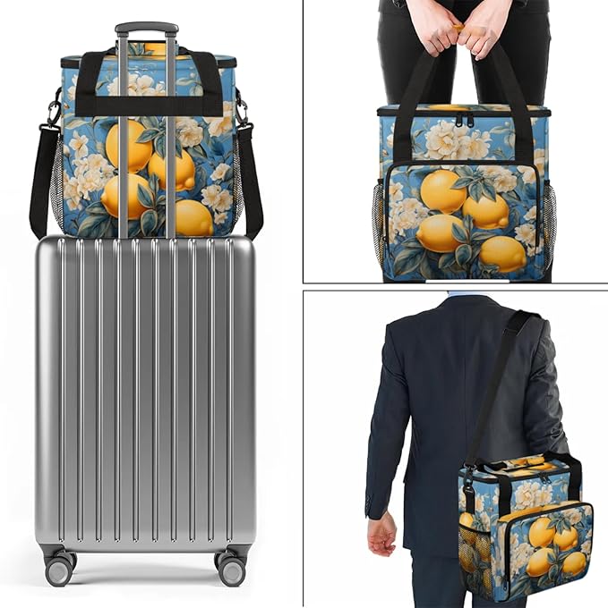 Lemon Flower Coffee Maker Travel Bag for Keurig K-Mini/K-Mini Plus Insulated Waterproof Tote with Pockets for K-Cup Portable Single-Serve Brewer Case