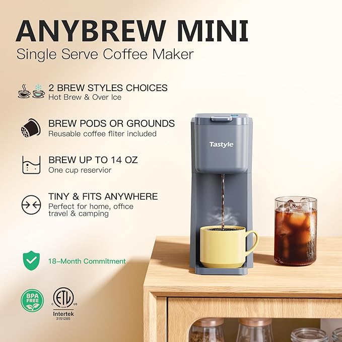 Mini Hot and Iced Coffee Maker Single Serve for K Cup and Ground 6 to 14 Oz Brew Sizes with Recipe Book for Home Travel RV Office and Dorm Elegant Gray