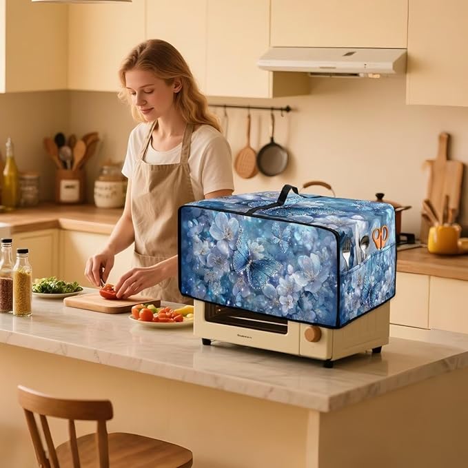 Toaster Oven Air Fryer Cover Butterfly Flower Printed Bread Maker Covers with Accessory Pockets Kitchen Small Appliance Protector Washable Machine L