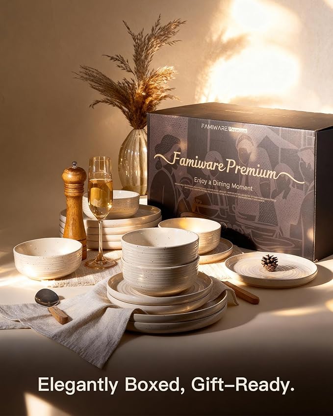 Stoneware Dinnerware Set Highly Chip and Scratch Resistant Everyday Plates and Bowls for 8 (24pcs) Reactive Glaze Speckled Ceramic Flared Dishes with Gift Box Microwave Dishwasher Safe Shell Beige