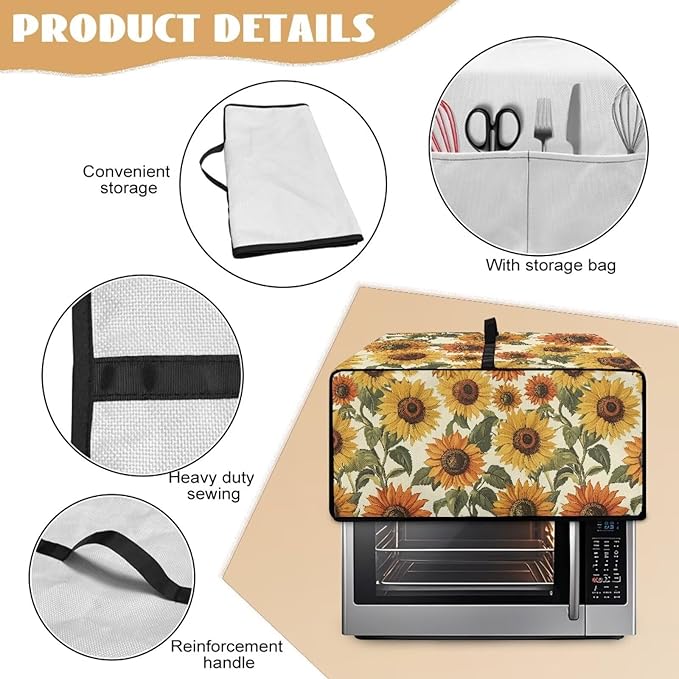 Faux Linen Polyester Toaster Oven Cover Scratch Resistant Appliances Dust Cover with Top Handle Side Storage Pockets for Home Kichen Appliances Retro Sunflower