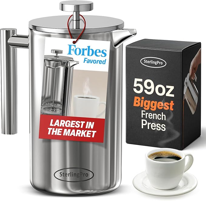 Stainless Steel French Press Coffee Maker 1.75 L (59 oz) Mirror – Double Walled Insulated Extra Large French Press Durable Design Keeps Drinks Hot Easy to Use and Clean for Rich Flavor