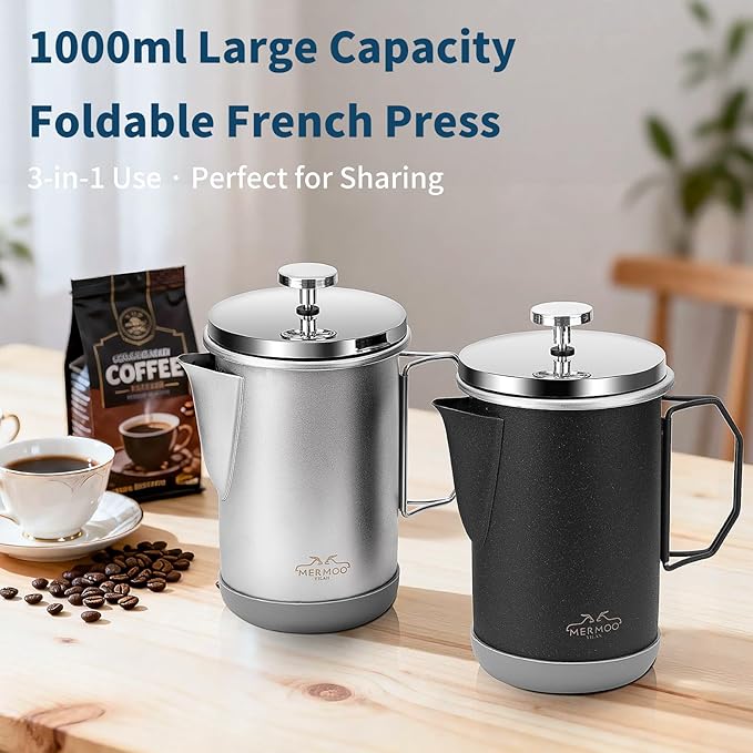 MERMOO YILAN Stainless Steel French Press Coffee Maker Manual Milk Frother 32oz for 4-6 Cup Foldable Handle Insulated Coffee Press Portable for Camping Home Use (Silver)
