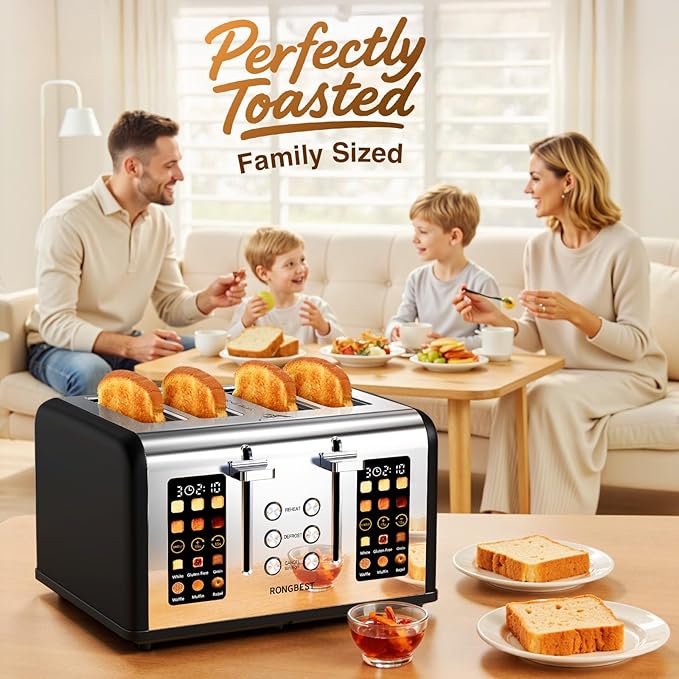 4 Slice Touch Screen Toaster Easy-to-Use Digital Stainless Steel Toaster with Wide Slots Reheat Defrost Cancel Removable Crumb Tray Matte Black