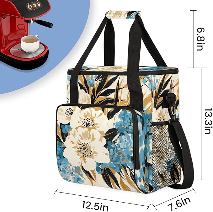 Tiger Print Coffee Maker Carrying Bag Blue Flower Travel Storage Bag Compatible with K-Mini or K-Mini Plus Single Serve Coffee Brewer Carrying Case with Multiple Pockets &amp Shoulder Strap