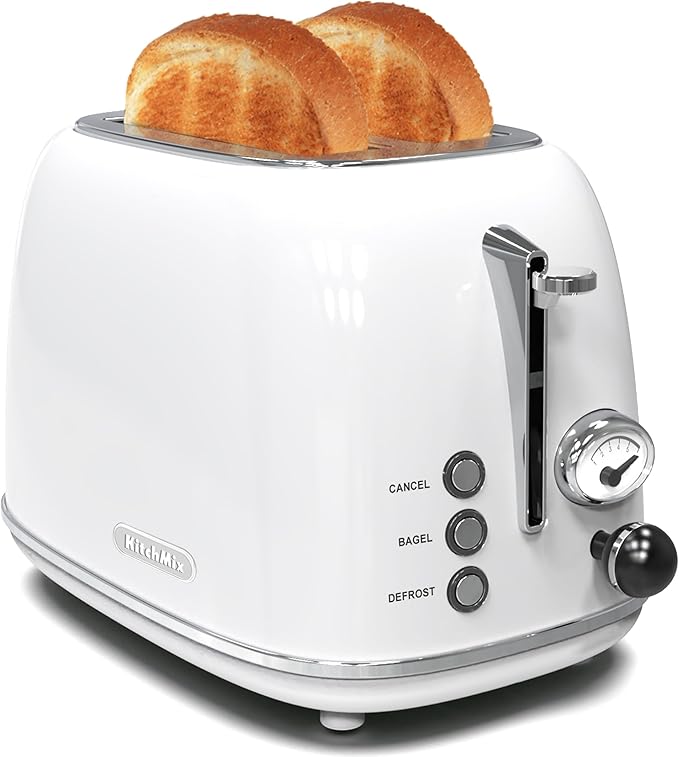Toaster 2 sliceRetro Stainless Steel Toaster with 6 Settings 1.5 In Extra Wide Slots Bagel/Defrost/Cancel Function Removable Crumb Tray (White)