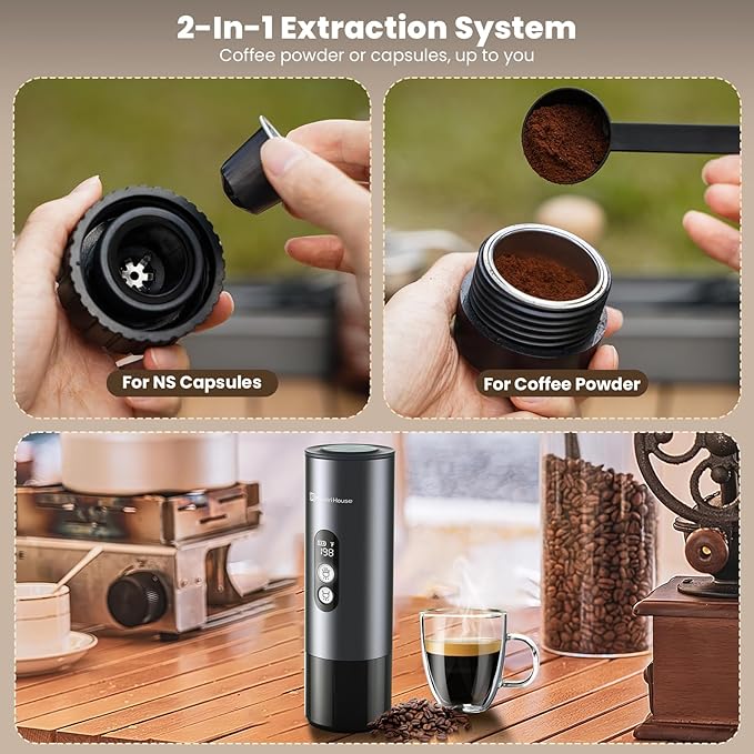 Maestri House 150W Espresso Maker with 2-3 Min Fast Self-Heating Portable Travel Espresso Coffee Machine with Bag Small Tea Cup Also Holder for NS Capsule &amp Ground Coffee for Car Camping RV Hi
