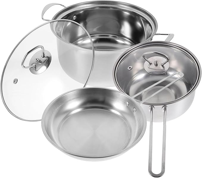 Toyvian Stainless Steel Cookware Set Soup Pot Saucepan Frying Pan with Comfortable Steel Handles Seamless Surface Easy Clean Kitchen Cooking Essentials