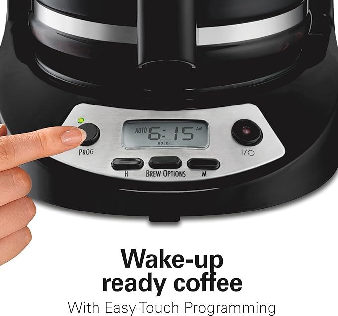 Hamilton Beach 12 Cup Programmable Drip Coffee Maker Machine Regular &amp Bold Brew Options Auto Pause and Pour Glass Carafe Black with Stainless Accents (46299J)