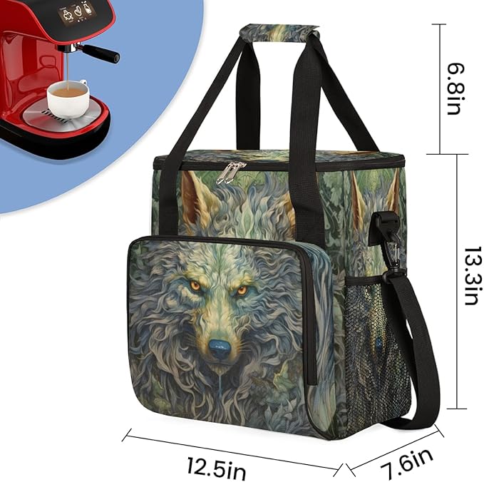 Cool Wolf With Gold Eyes Coffee Maker Carrying Bag Waterproof Coffee Maker Travel Storage Bag Portable Coffee Machine Tote Bag Carry on Bag Case with Shoulder Strap for Single Serve Coffee Maker