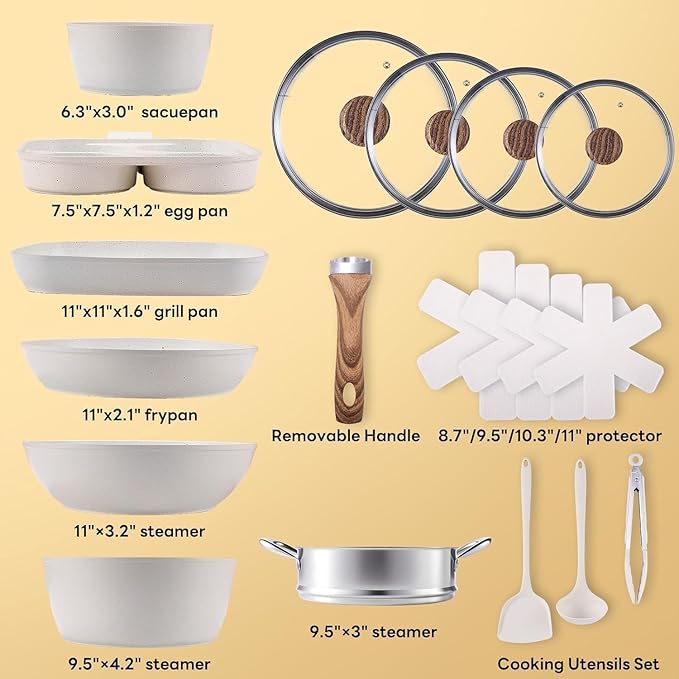 17 Pcs Nonstick Pots &amp Pans Non-toxic Kitchen Cooking Set with Stay-Cool Handles (Beige)