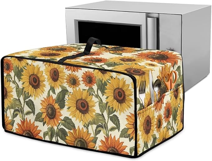 Faux Linen Polyester Toaster Oven Cover Scratch Resistant Appliances Dust Cover with Top Handle Side Storage Pockets for Home Kichen Appliances Retro Sunflower