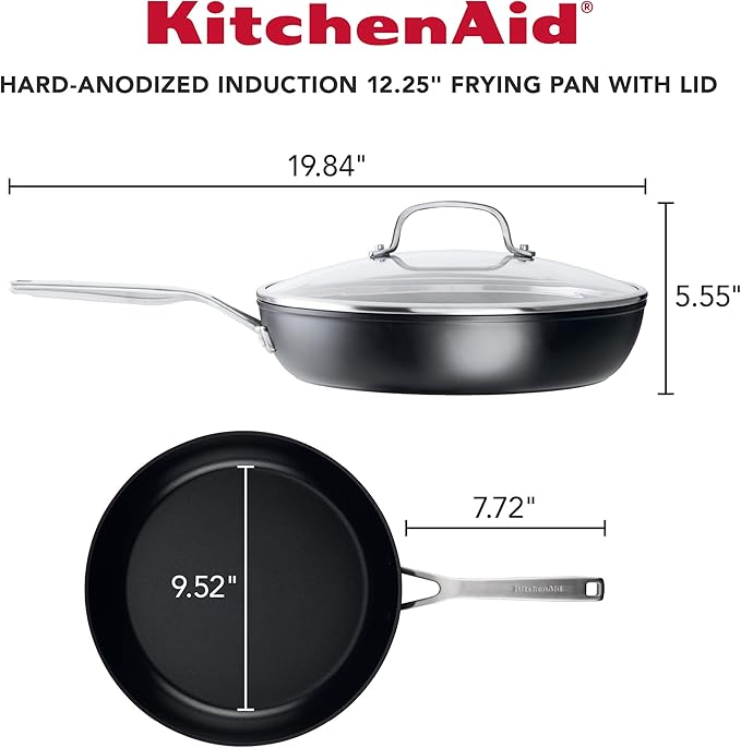 KitchenAid Hard Anodized Induction Nonstick Frying Pan Set With Tempered Lids 4-Piece - 10 &amp 12 Inch – Durable Even Heating Oven Safe to 500°F Dishwasher Safe Easy-Clean