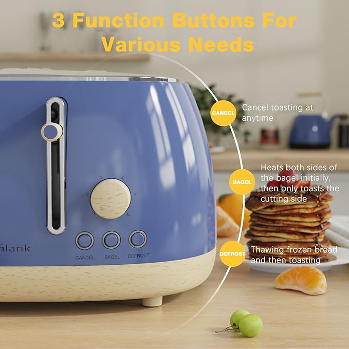 Toaster 4 SliceRetro Stainless Steel Toaster with Extra Wide Slots Cancel Bagel Defrost Function Dual Independent Control Panel Removable Crumb Tray and High Lift Lever (Sapphire Blue)