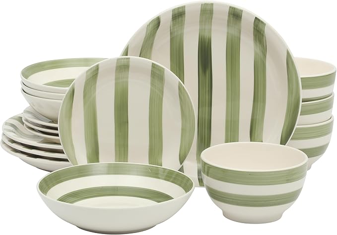Gibson Home Kenwood Shores 16 Piece Dinnerware Set Green Striped Hand-Painted Stoneware Plates and Bowls Service for 4 Microwave &amp Dishwasher Safe