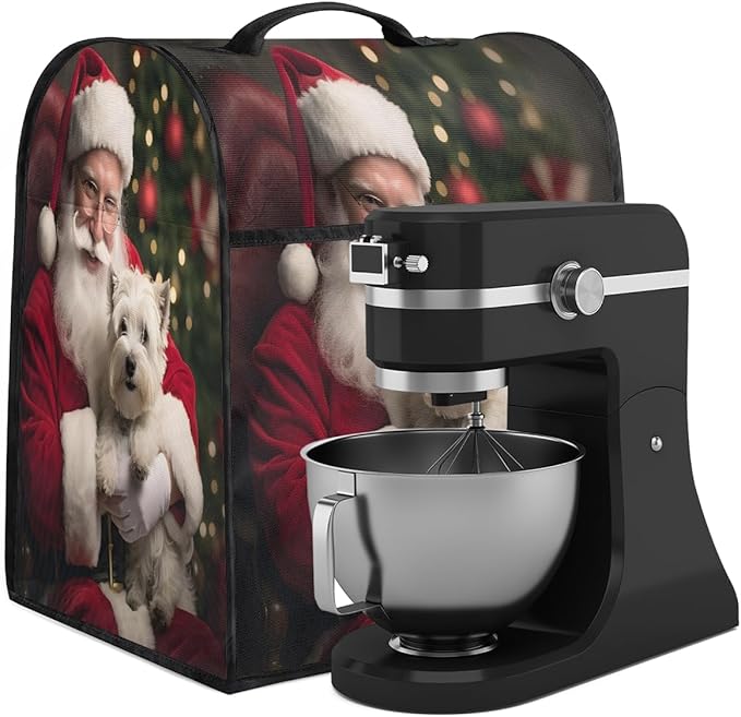 Kitchen Aid Mixer Cover Christmas Santa Puppy Stand Mixer Cover Compatible with 6-8 Quarts Stand Mixers Dust Covers with Zipper Pocket Foldable Washable Kitchen Aid Organizer Bag