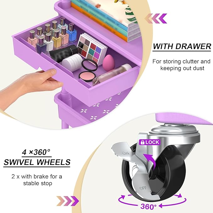 Goovilla 3 Tier Rolling Utility Cart Organizer with Removable Drawer Stable and Sturdy Purple Rolling Storage Carts with 2 Lockable Wheels for Bathroom Kitchen Snack Craft Makeup Baby Essentials
