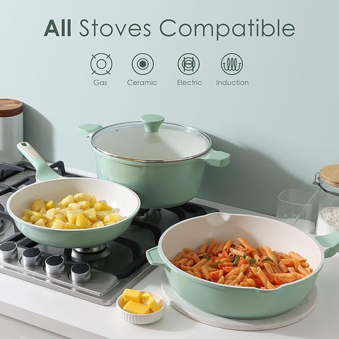 SENSARTE Nonstick Ceramic Cookware Set Large 13-Piece Healthy Pots and Pans Set Dishwasher Safe Non-toxic Kitchen Cooking Set with Stay-Cool Handles Induction Compatible PFAS Free Green