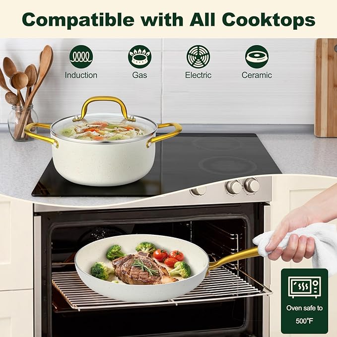 Pots and Pans Set Non Stick 7 Piece White Granite Induction Cookware Set Nonstick Kitchen Cooking Set with Gold Handle and Utensil Oven Safe (PFOS PFOA Free)