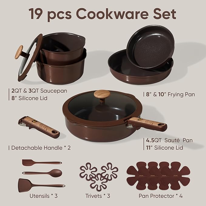CAROTE 19PCS Ceramic Nonstick Cookware Set Pots and Pans Set with Detachable Handle PFAS-Free Non-Toxic Induction &amp Oven Safe Stackable Space-Saving Dark Choco