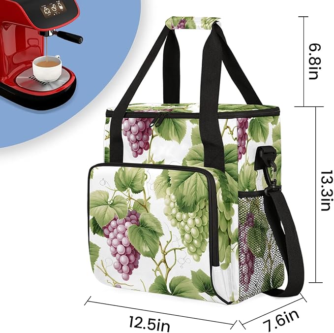 Grapes Purple Green Coffee Maker Carring Bag Large Insulated Storage Organizer Case Tote Bags with Shoulder Strap for Travel Work Picnic