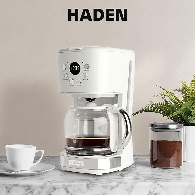 HADEN Coffee Machine 12 Cup Drip Coffee Maker Bundled with Heritage 1.7 Liter Stainless Steel Electric Kettle Ivory &amp Chrome