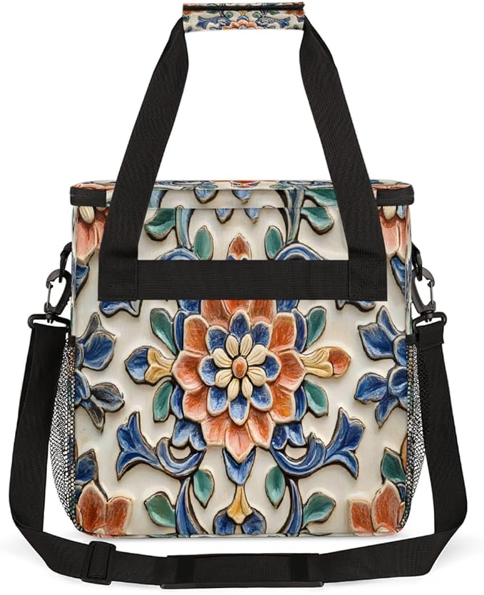 Ceramic Flower Blue Coffee Maker Carring Bag Travel Carrying Storage Tote Bag Compatible with Keurig K-Mini or K-Mini Plus Portable Single Serve Coffee Brewer Case with Pockets for K-cup Pods