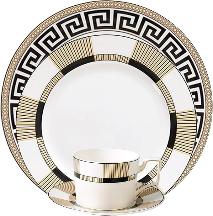 Premium Dinnerware Set for 4 16 Pieces Black and Gold Striped Dishes Set with Teacup snd Saucer Bone China Plate Sets for Brunch Housewarming Anniversary Present