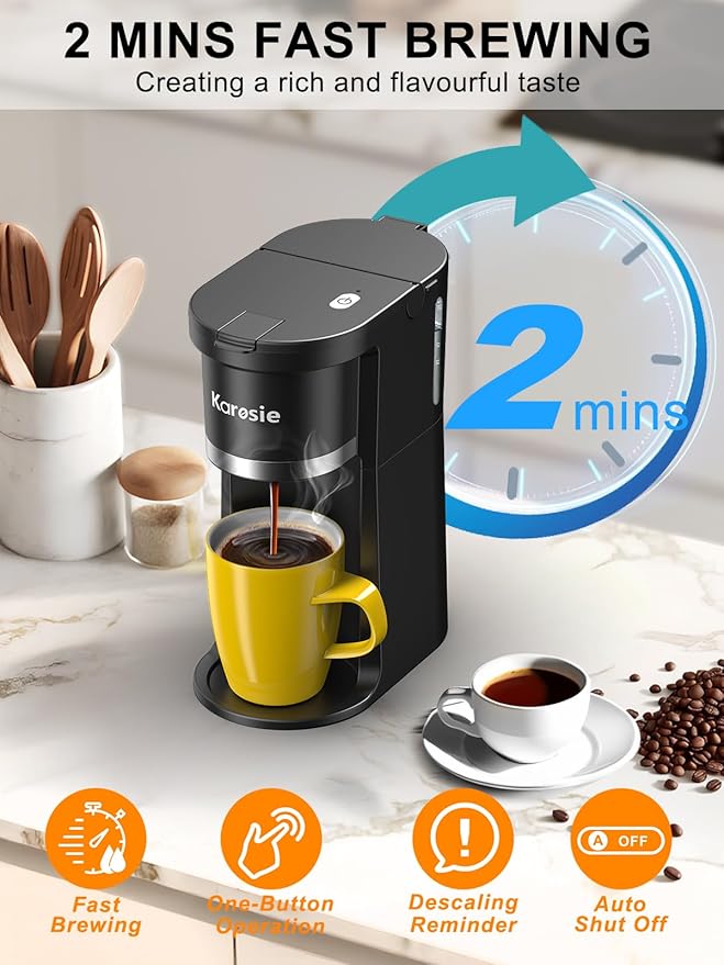 Small Single Serve Coffee Maker Fast Brew for K-Cup &amp Ground Coffee 6-12 Oz Brew Sizes One-Button Single Cup Coffee Maker Coffee Machine with Descaling Reminder
