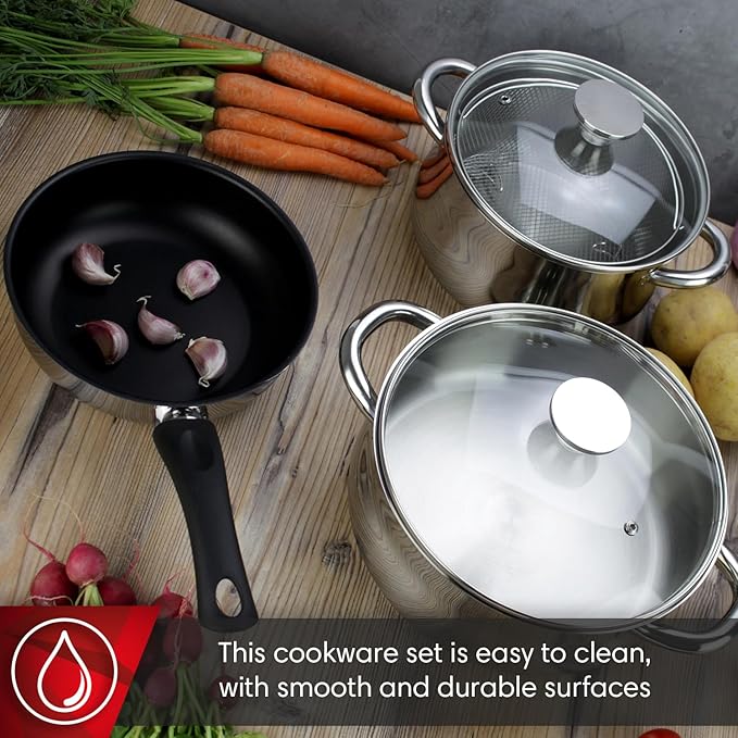 MAGEFESA IDEAL 11-Piece Cookware Set: 2 Stockpots 2 Saucepans 2 Mini Sauté Pans 2 Skillets Mesh Strainer Stainless Steel All Stovetops (Incl. Induction) Dishwasher Safe