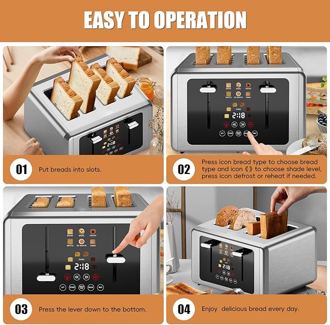 4 Slice ToasterTouchscreen &amp Dual Independent Control Panel5 Basic Functions &amp Digital Countdown Toasters6 Shade Settings＆6 Bread TypesSmart Bread Maker Mute/Screen-Off Stainless Steel