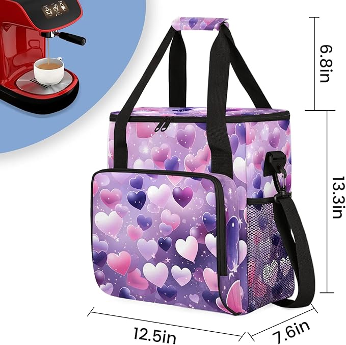 Valentine's Day Pink Purple Heart Coffee Maker Carring Bag Large Insulated Storage Organizer Case Tote Bags with Shoulder Strap for Travel Work Picnic