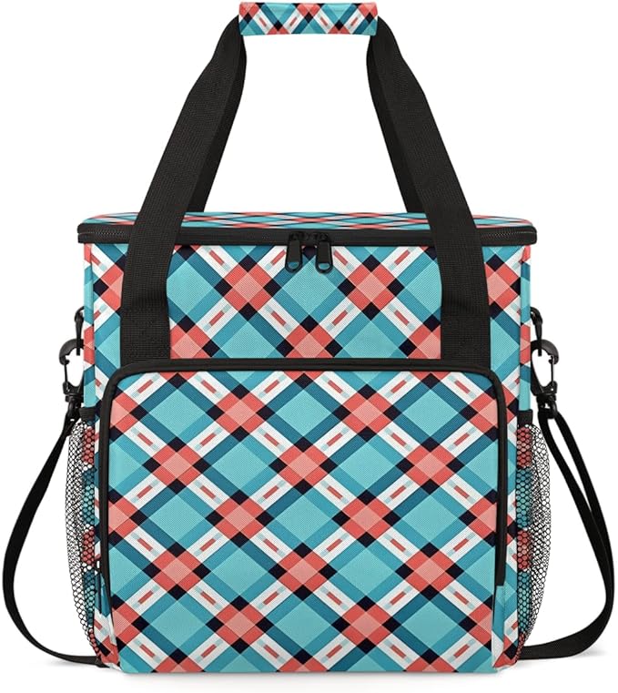 Blue Texture Plaid Coffee Maker Carrying Bag Portable Travel Storage Tote Bag Compatible with K-Mini or K-Mini Plus Single Serve Coffee Brewer Carrying Case with Multiple Pockets &amp Shoulder Stra